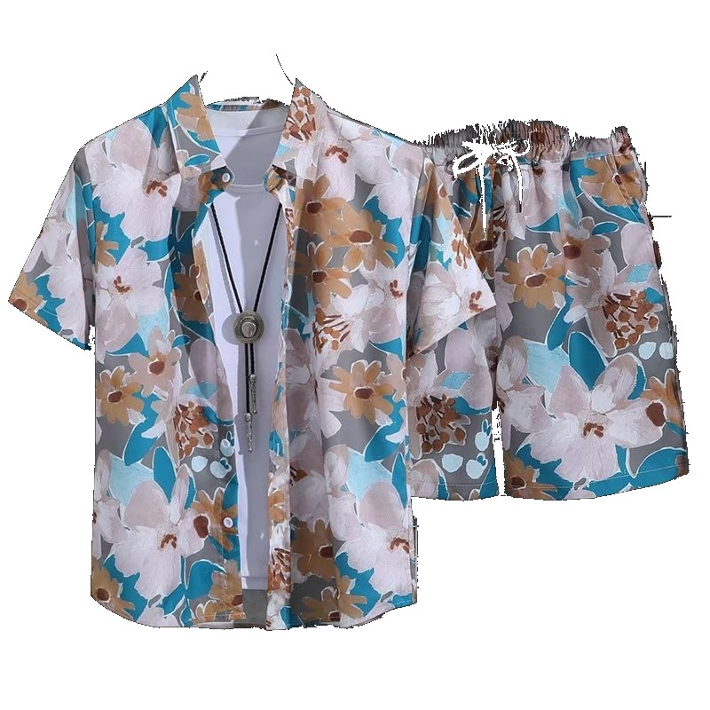 [EGIFTON-LIVE-3136] Cross-border foreign trade printing quick-drying casual suit men's short-sleeved shirt five-point beach sports summer pants pants
