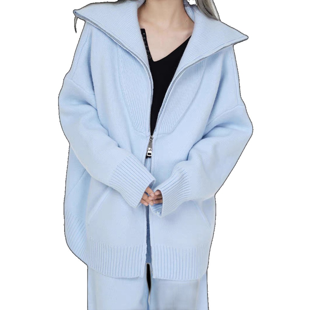 [EGIFTON-LIVE-3568] 2023 autumn and winter zipper casual sports knitted suit women's high waist straight leg mopping wide trousers two-piece trendy trendy