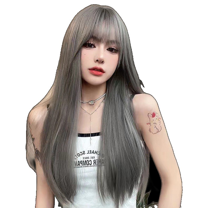 [EGIFTON-LIVE-3797] Qi bangs Internet celebrity pure lust style black long straight hair natural wig female full headset platinum Barbie Barbie