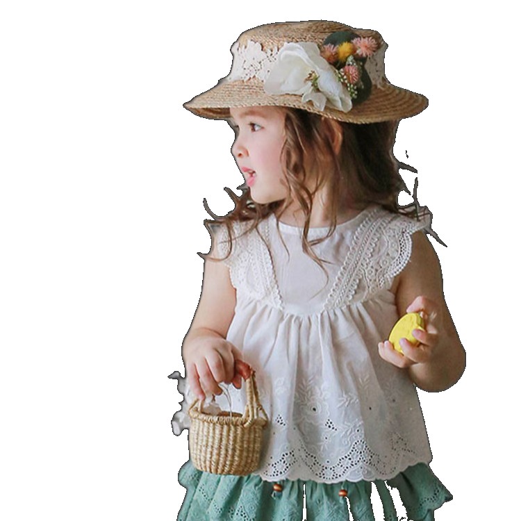 [EGIFTON-3592] 2023 summer strawberry girl girls sweet lace edge solid color doll shirt sleeveless T-shirt top spot spot